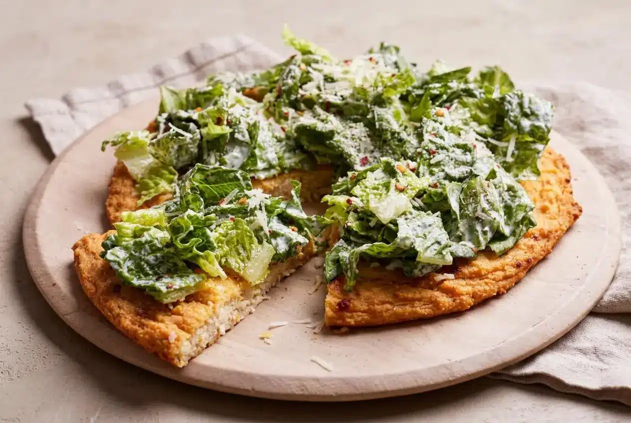 Chicken crust caesar salad pizza with a crispy golden Parmesan edge topped with creamy dressed romaine lettuce.