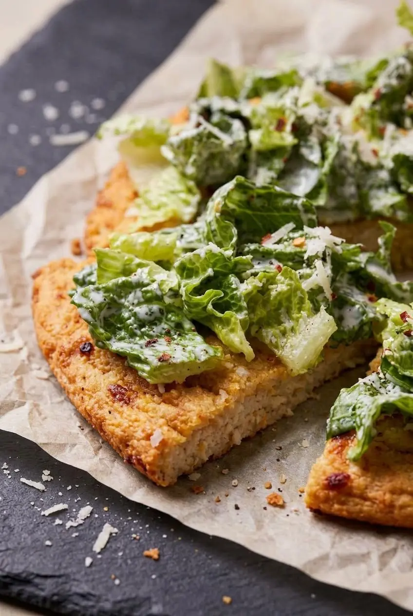 Close-up of a golden-brown chicken and Parmesan pizza crust edge topped with creamy Caesar salad and black pepper.