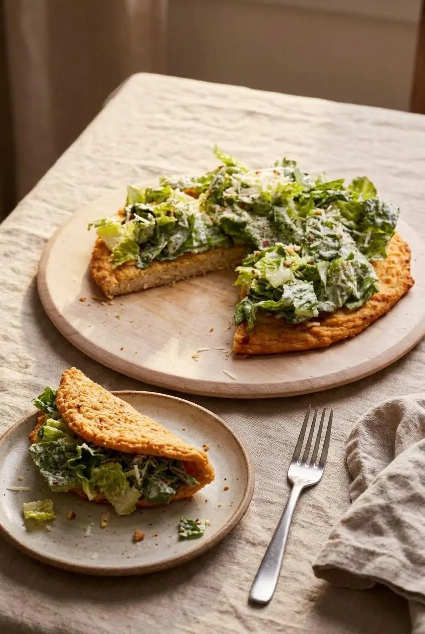 Sliced chicken crust caesar salad pizza with one wedge folded like a flatbread wrap on a small ceramic plate.