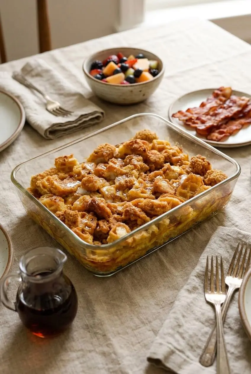 Baked chicken and waffles casserole on a brunch table with fresh fruit salad, crispy bacon strips, and maple syrup.
