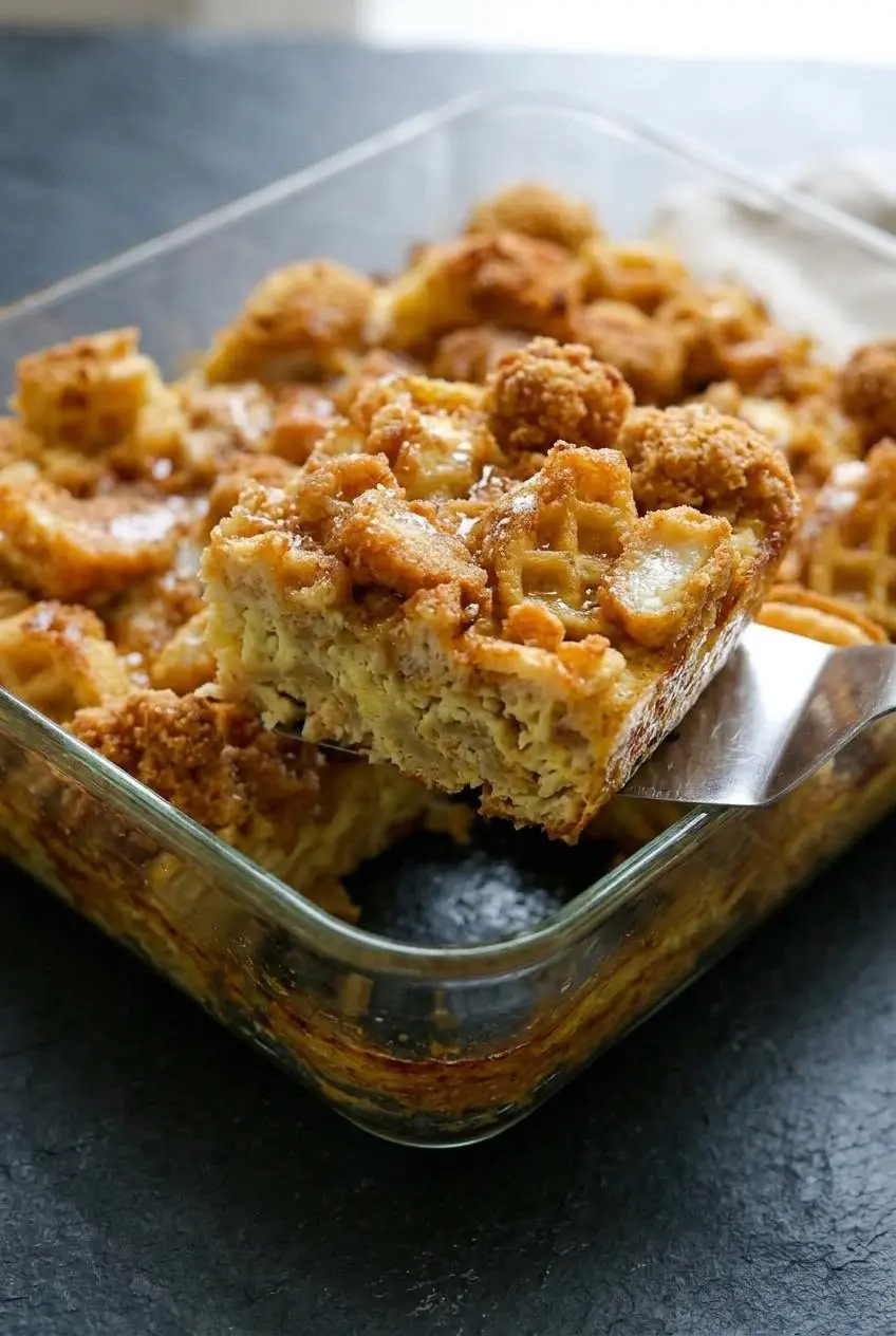 Close-up of a metal spatula lifting a corner slice of chicken and waffles casserole with crisp edges and set custard.