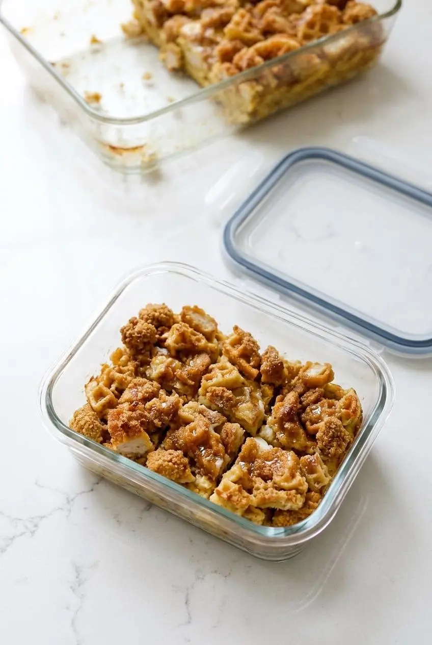 Leftover squares of baked chicken and waffles casserole arranged inside a clear rectangular glass storage container.