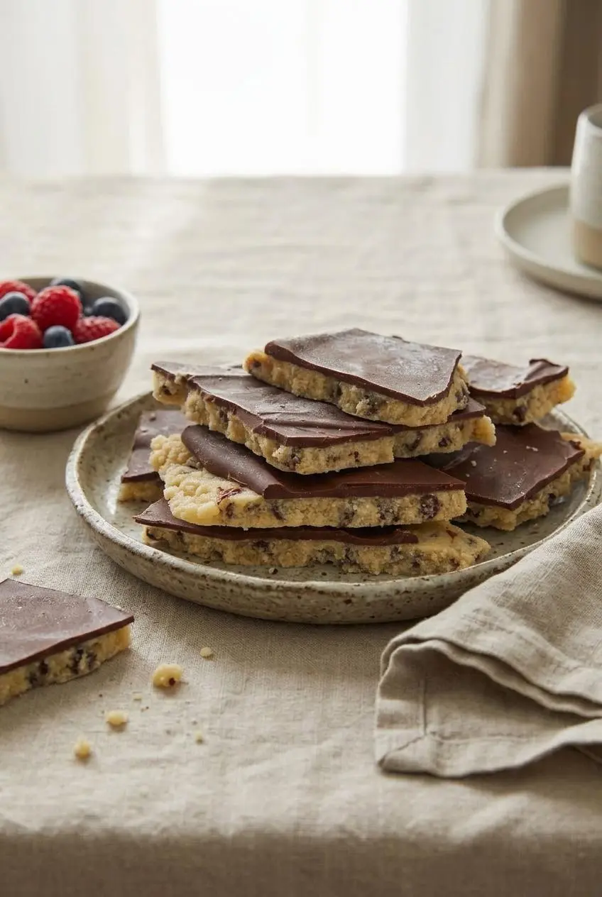 Rustic shards of chilled cookie dough bark served on a linen-covered table alongside a small bowl of fresh berries.
