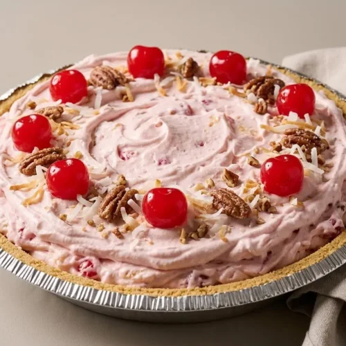 Chilled million dollar pie in a graham cracker crust with creamy filling, fluffy whipped topping, cherries, and pecans.