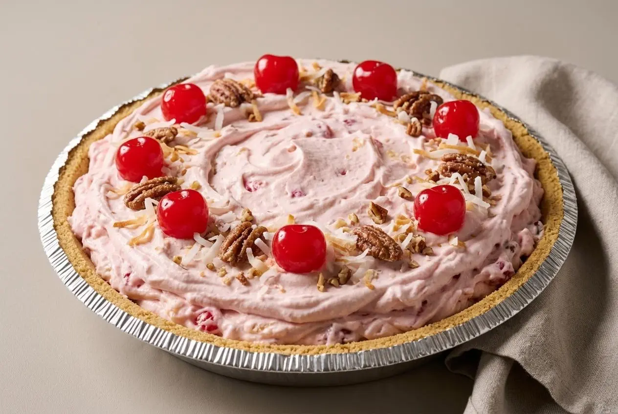 Chilled million dollar pie in a graham cracker crust with creamy filling, fluffy whipped topping, cherries, and pecans.