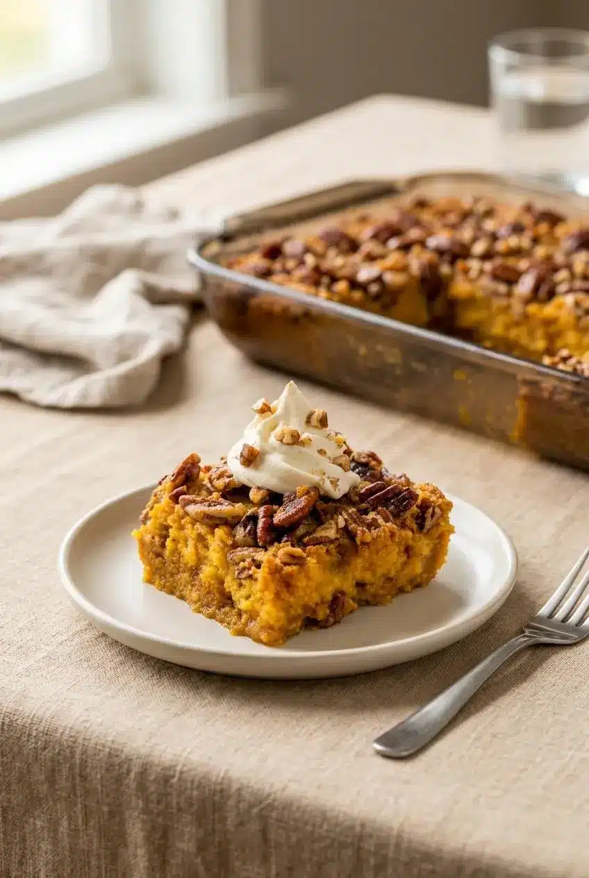 Chilled square slice of pumpkin crunch cake topped with white whipped topping on a dessert plate with a fork