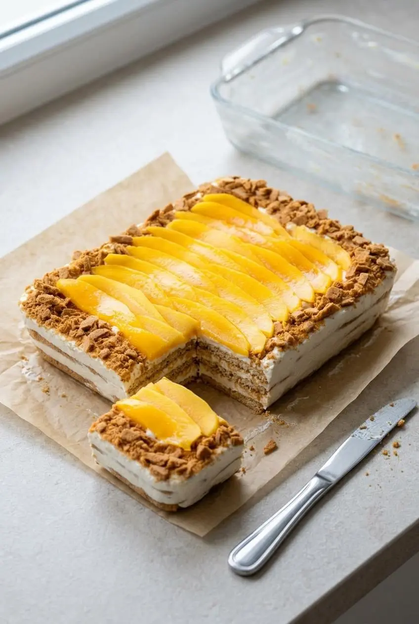 Chilled firm mango float lifted from a square glass dish with a parchment paper sling beside a cut square and butter knife.