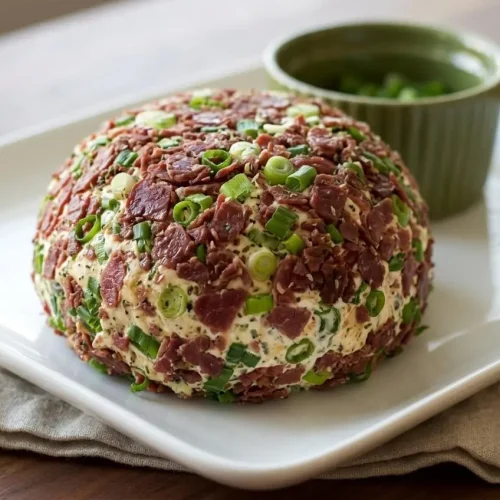 Chipped beef cheese ball recipe with creamy ranch cream cheese, finely diced dried beef, and sliced green onions.
