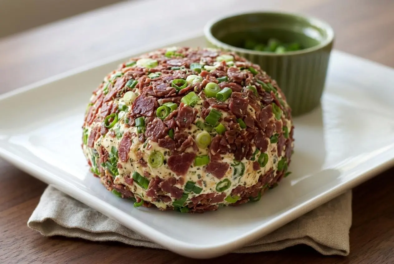 Chipped beef cheese ball recipe with creamy ranch cream cheese, finely diced dried beef, and sliced green onions.