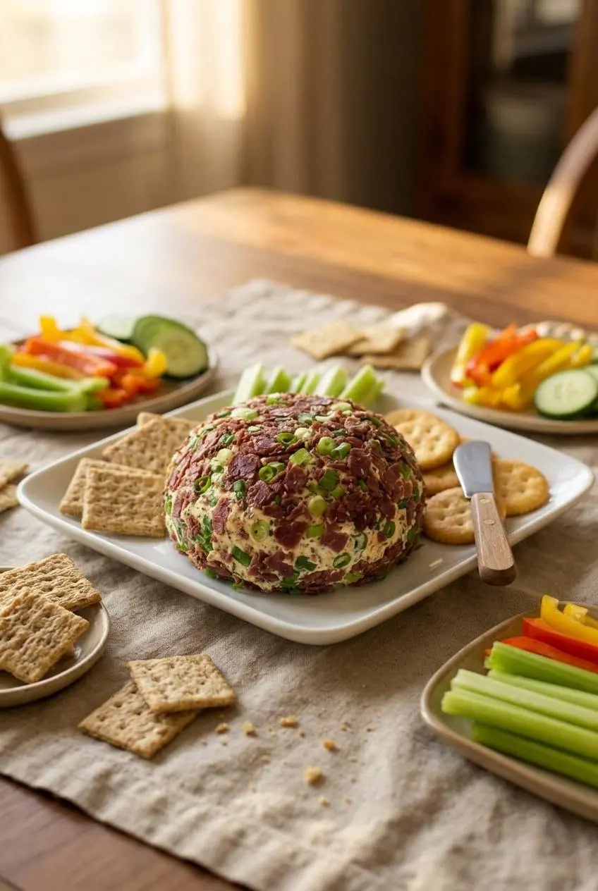 Chipped beef cheese ball served with assorted crackers, celery sticks, bell pepper strips, and cucumber rounds.