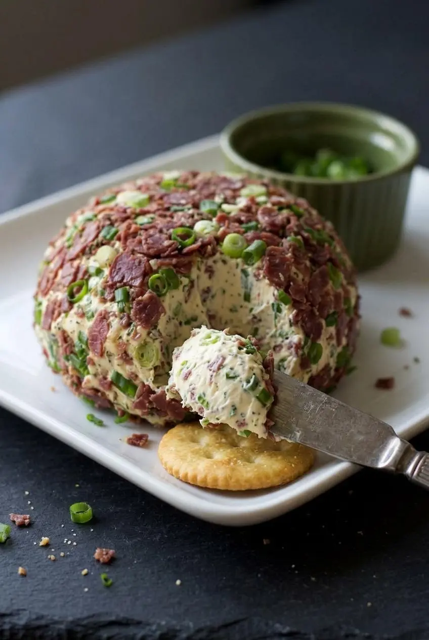 Metal spreader lifting a smooth scoop of chipped beef cheese ball onto a sturdy cracker.