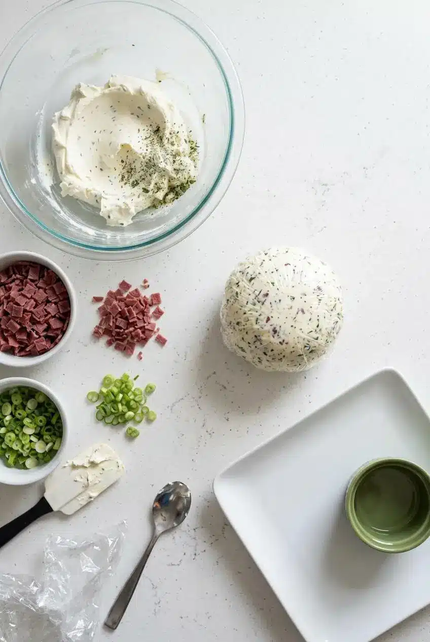 Bowl with softened cream cheese, diced dried beef, green onions, and ranch mix next to a wrapped cheese ball.