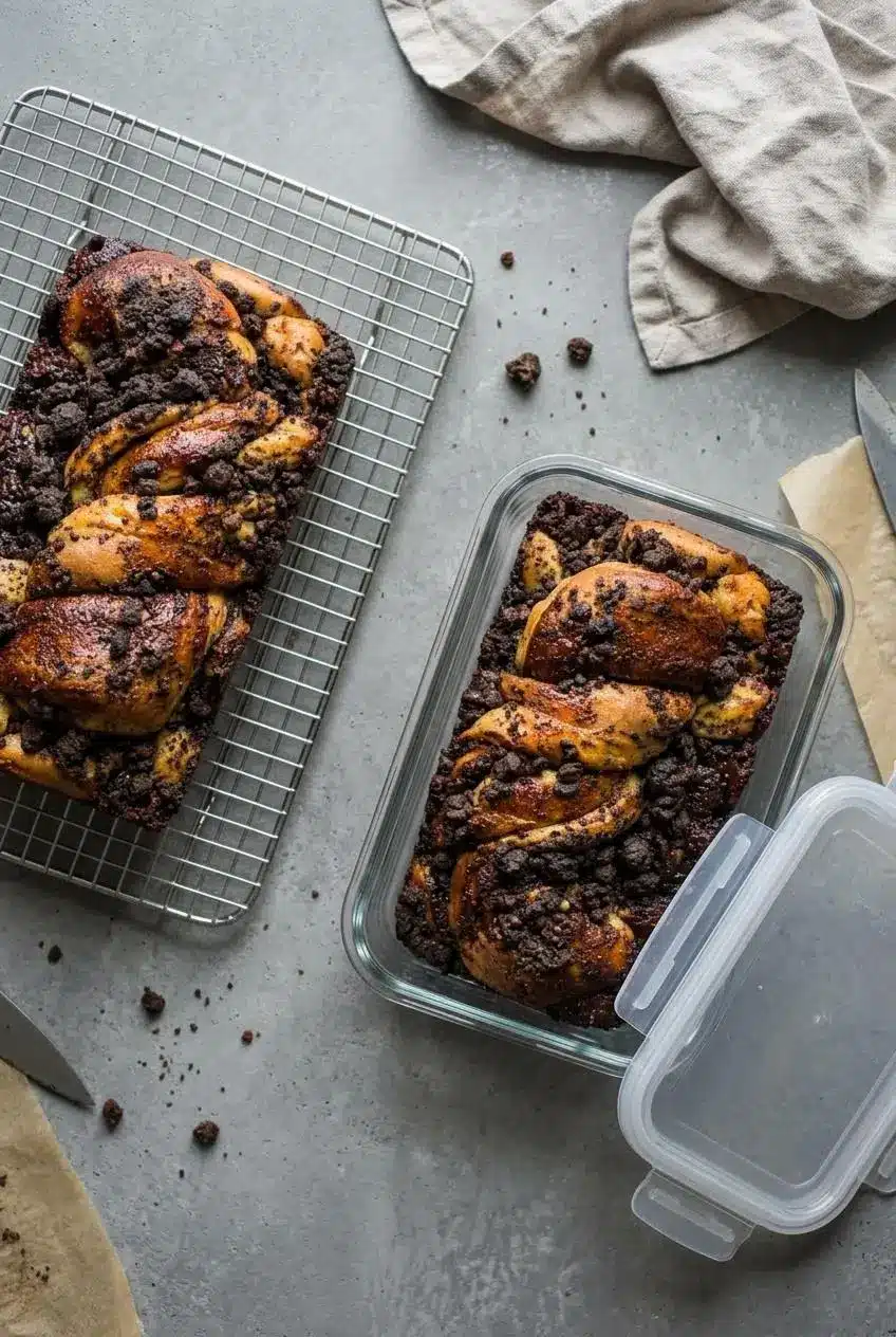 Overhead view of one chocolate babka loaf on a wire cooling rack and a second loaf in a glass storage container.