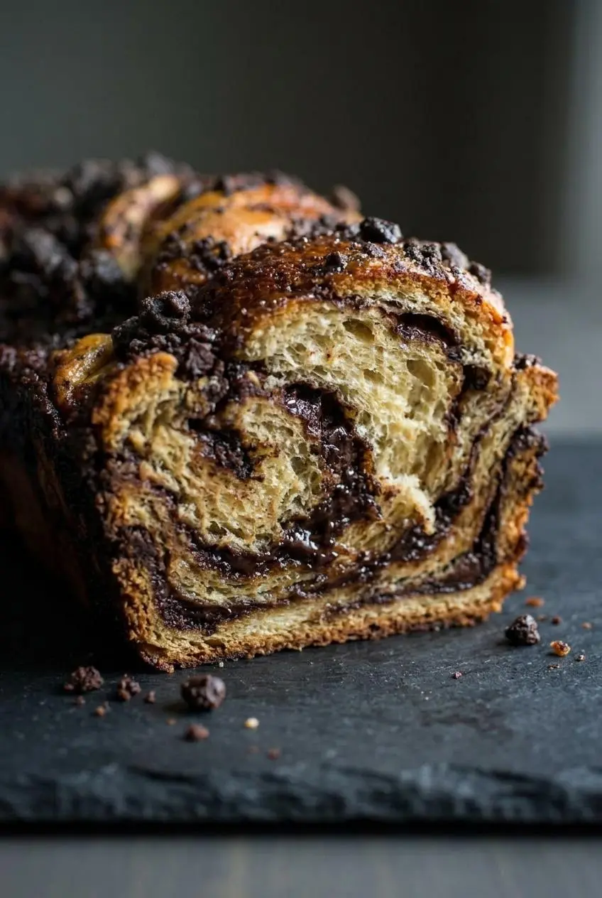 Close-up of a sliced chocolate babka interior showing tender golden crumb, dark fudge ribbons, and cocoa streusel.