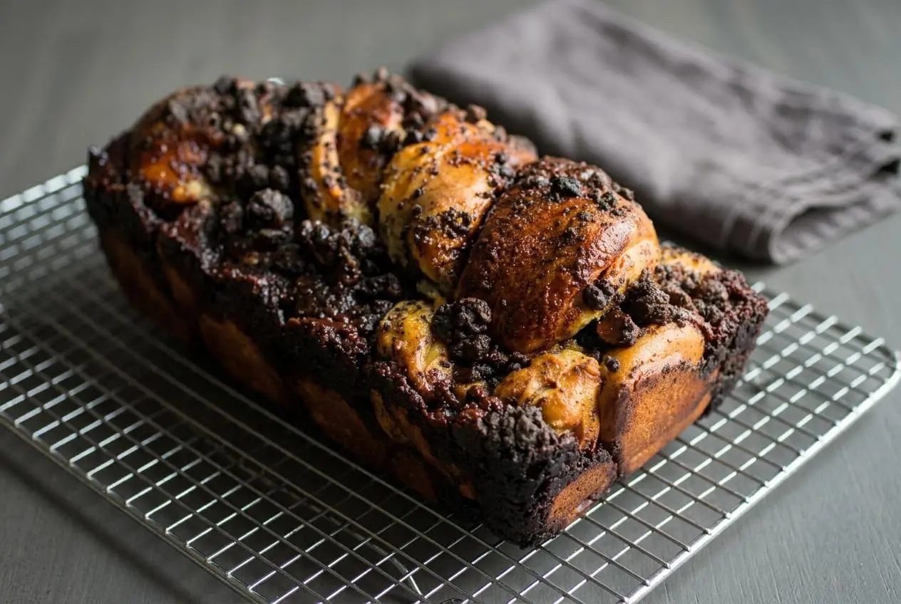 Freshly baked chocolate babka loaf with a glossy syrup finish, cocoa streusel topping, and dark fudge swirls.