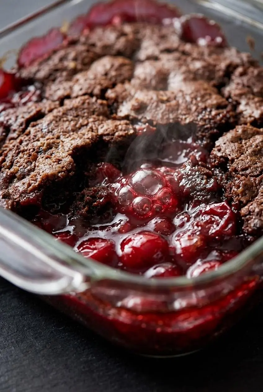 Close-up of crackled chocolate dump cake crust with glossy cherry pie filling bubbling along the pan edge.