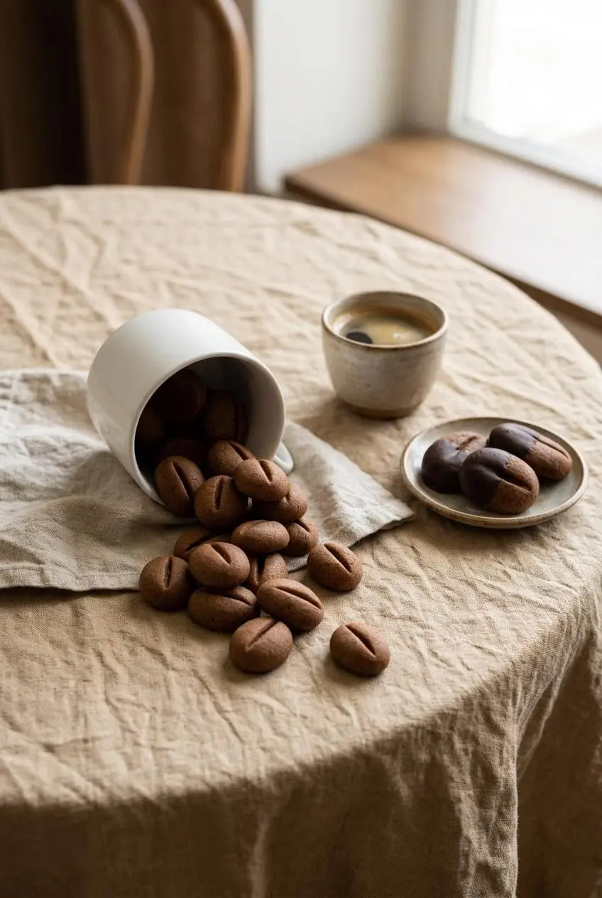 Coffee bean cookies served with a cup of hot black espresso and dark chocolate-dipped cookies on a saucer.