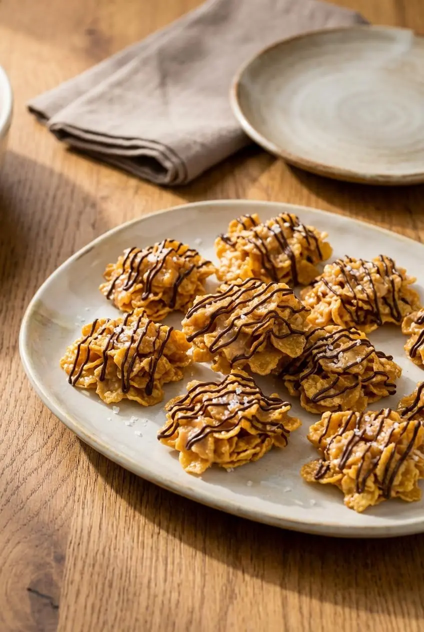 Platter of peanut butter cornflake cookies drizzled with dark chocolate and sprinkled with sea salt.