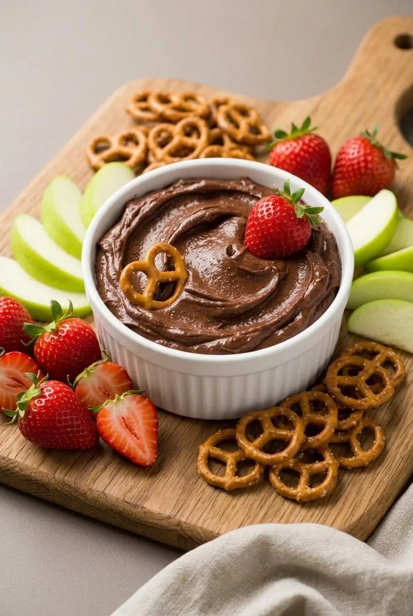 Chocolate hummus bowl served on a snack board with strawberries, green apple slices, and pretzels.
