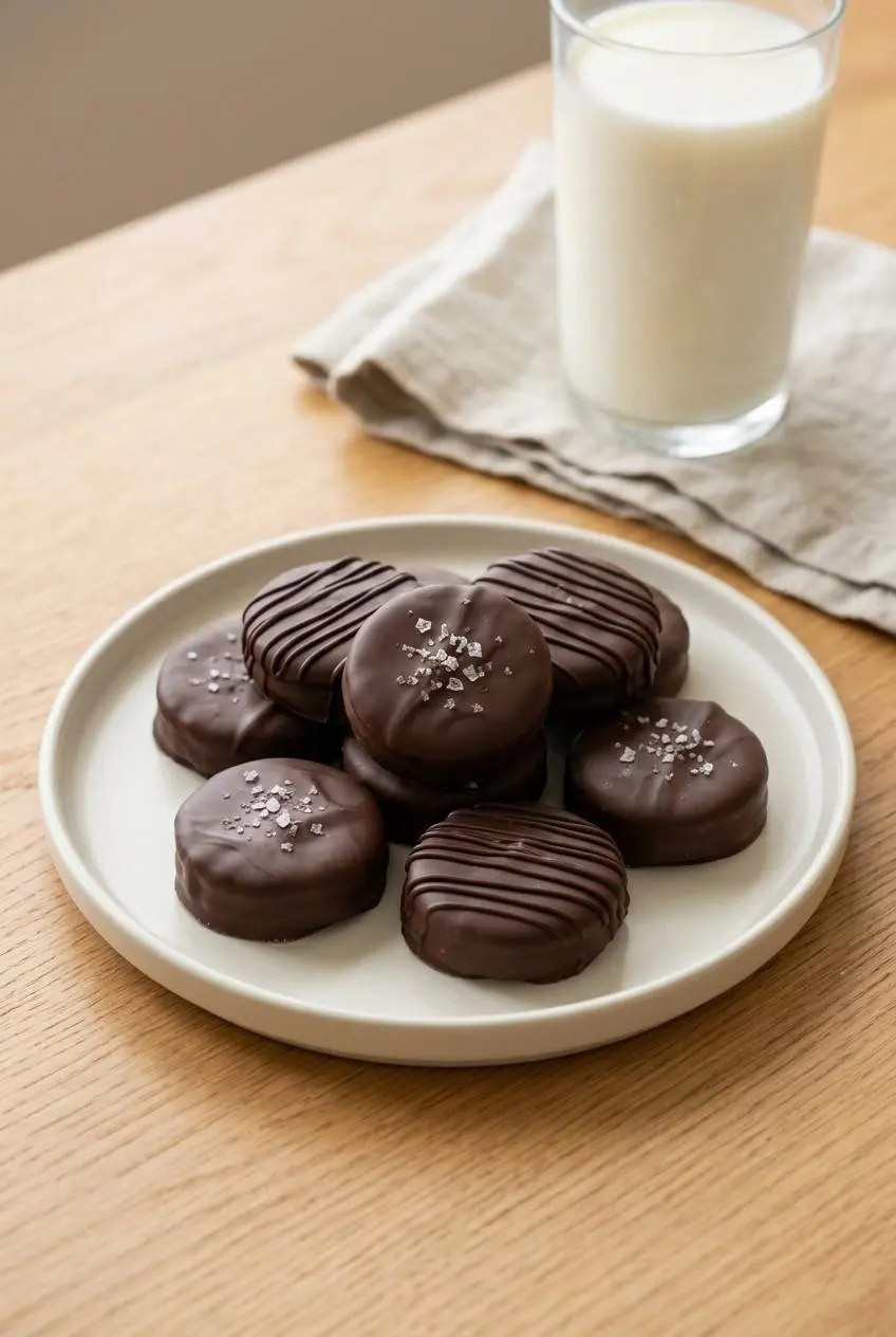 Chocolate peanut butter ritz cookies garnished with flaky sea salt and chocolate drizzle beside a glass of milk.