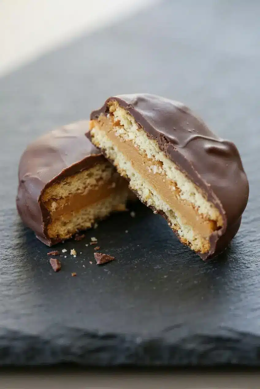 Halved chocolate peanut butter ritz cracker cookie showing creamy peanut butter between crisp crackers.