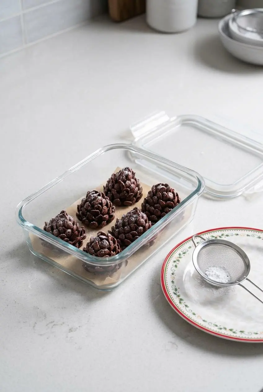 Chilled chocolate pine cones spaced inside a deep glass storage container next to a sieve of powdered sugar
