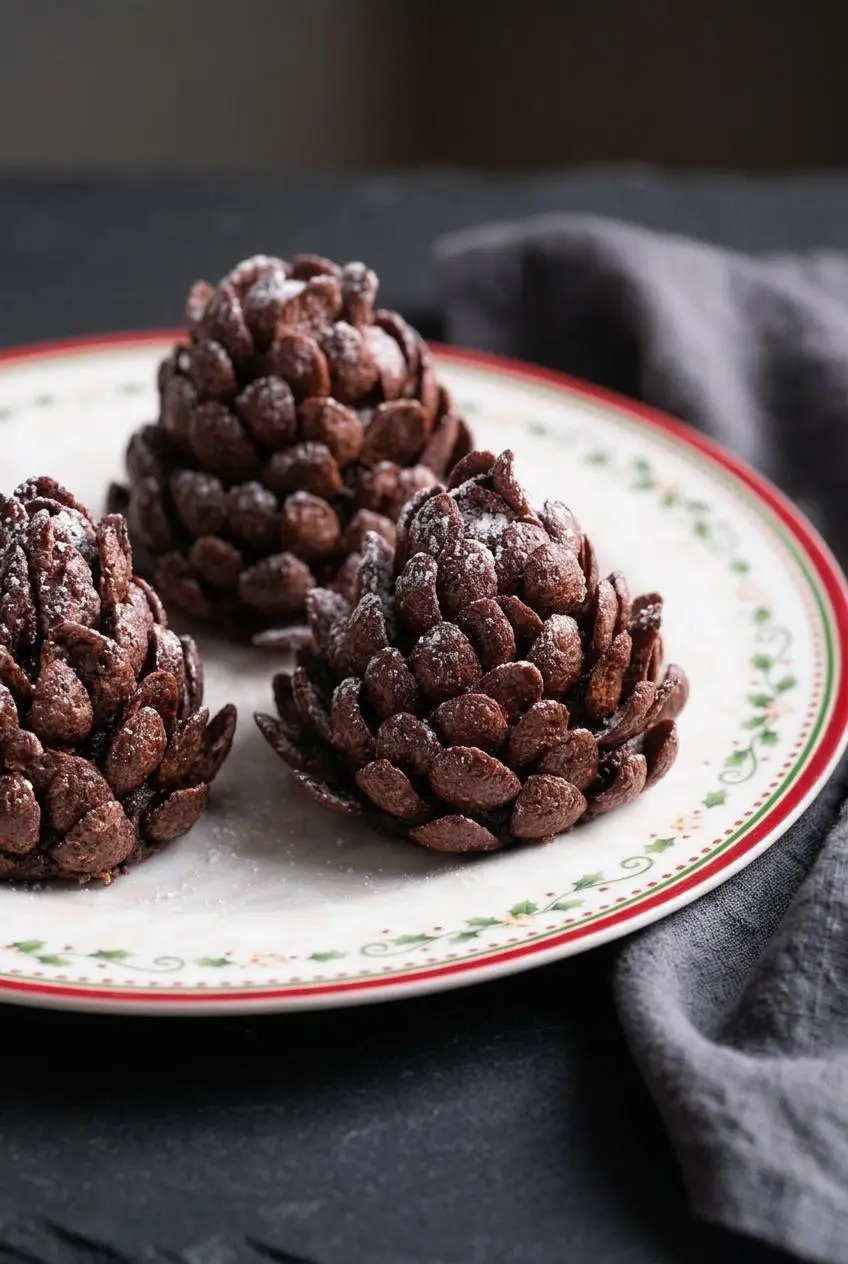 Close-up of two chocolate pine cones showing angled cereal scales in smooth cocoa dough with powdered sugar