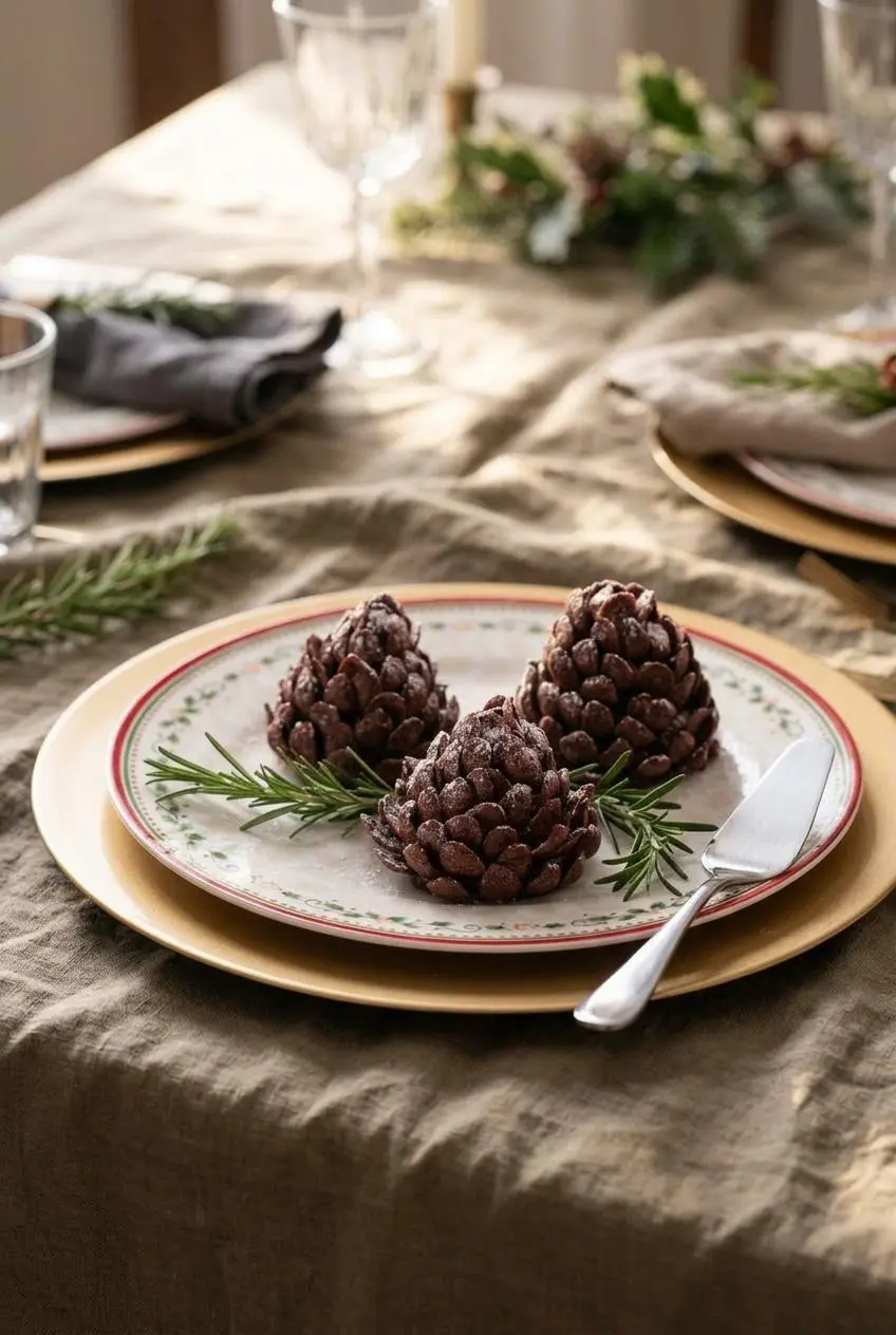 Powdered sugar-dusted chocolate pine cones served on a holiday table with fresh green rosemary sprigs