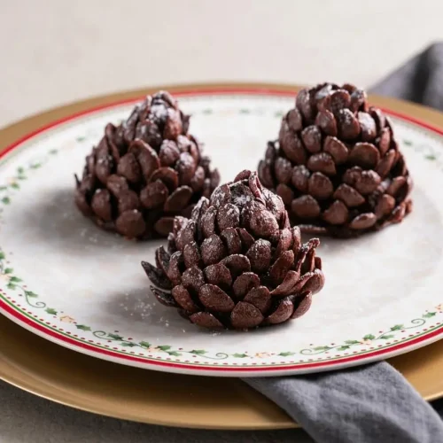No-bake chocolate pine cones with crisp curved cereal scales and a snowy powdered sugar dusting