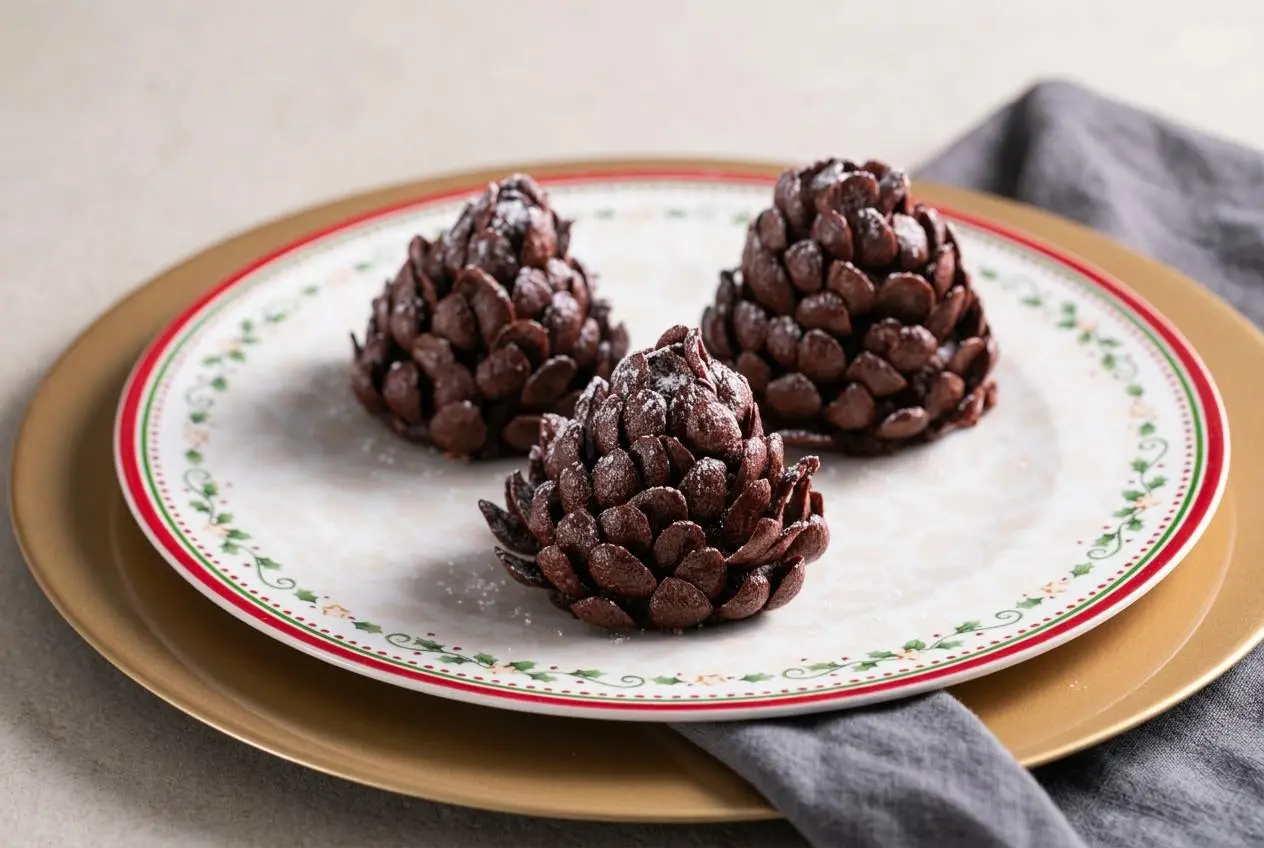 No-bake chocolate pine cones with crisp curved cereal scales and a snowy powdered sugar dusting