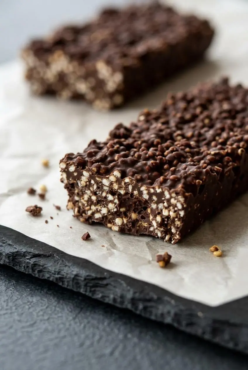 Broken cross-section of a chocolate quinoa crunch bar showing golden toasted quinoa inside dark chocolate.
