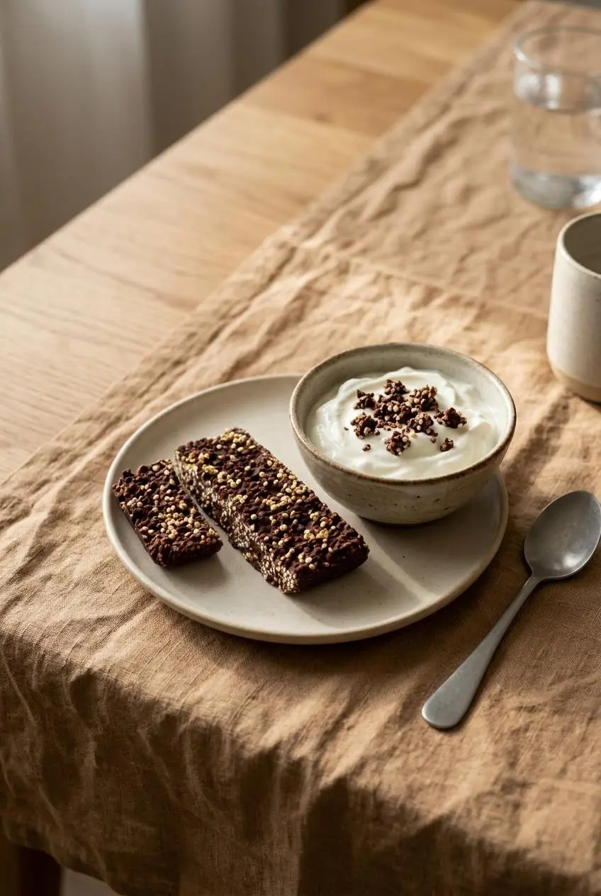 Chilled chocolate quinoa crunch bars served next to a small bowl of Greek yogurt topped with crumbled bar pieces.