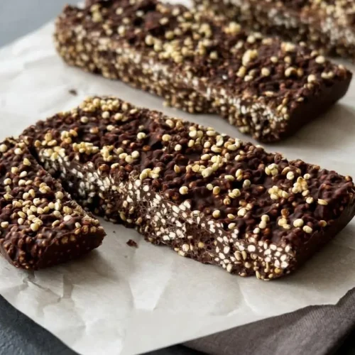 Homemade chocolate quinoa crunch bars with smooth dark chocolate and golden toasted quinoa.