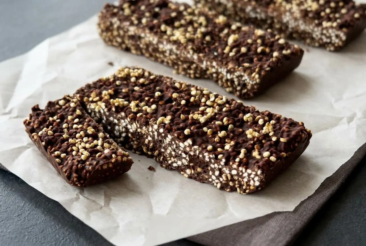 Homemade chocolate quinoa crunch bars with smooth dark chocolate and golden toasted quinoa.