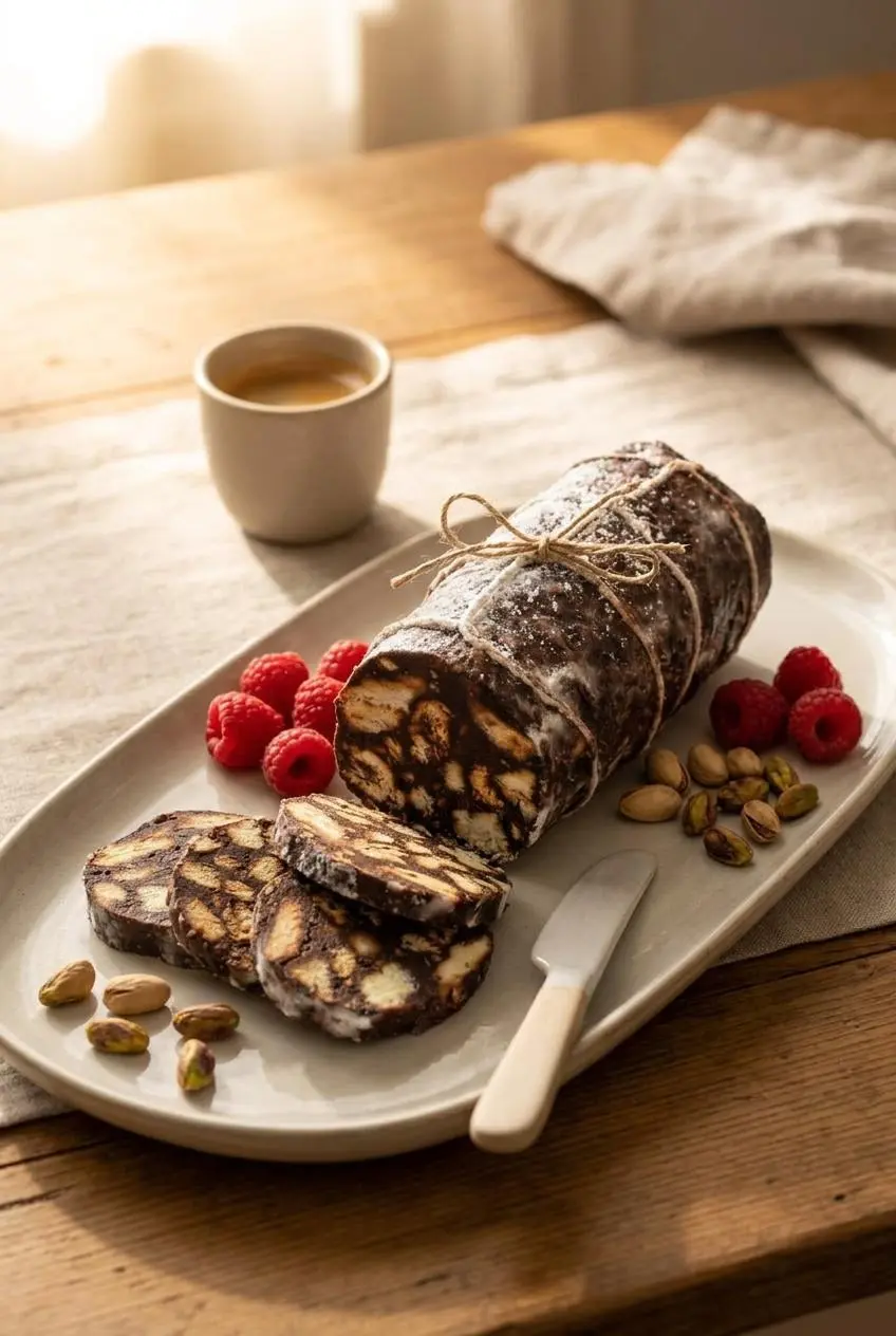 Chocolate salami tied with kitchen twine on a platter with fresh raspberries and espresso.