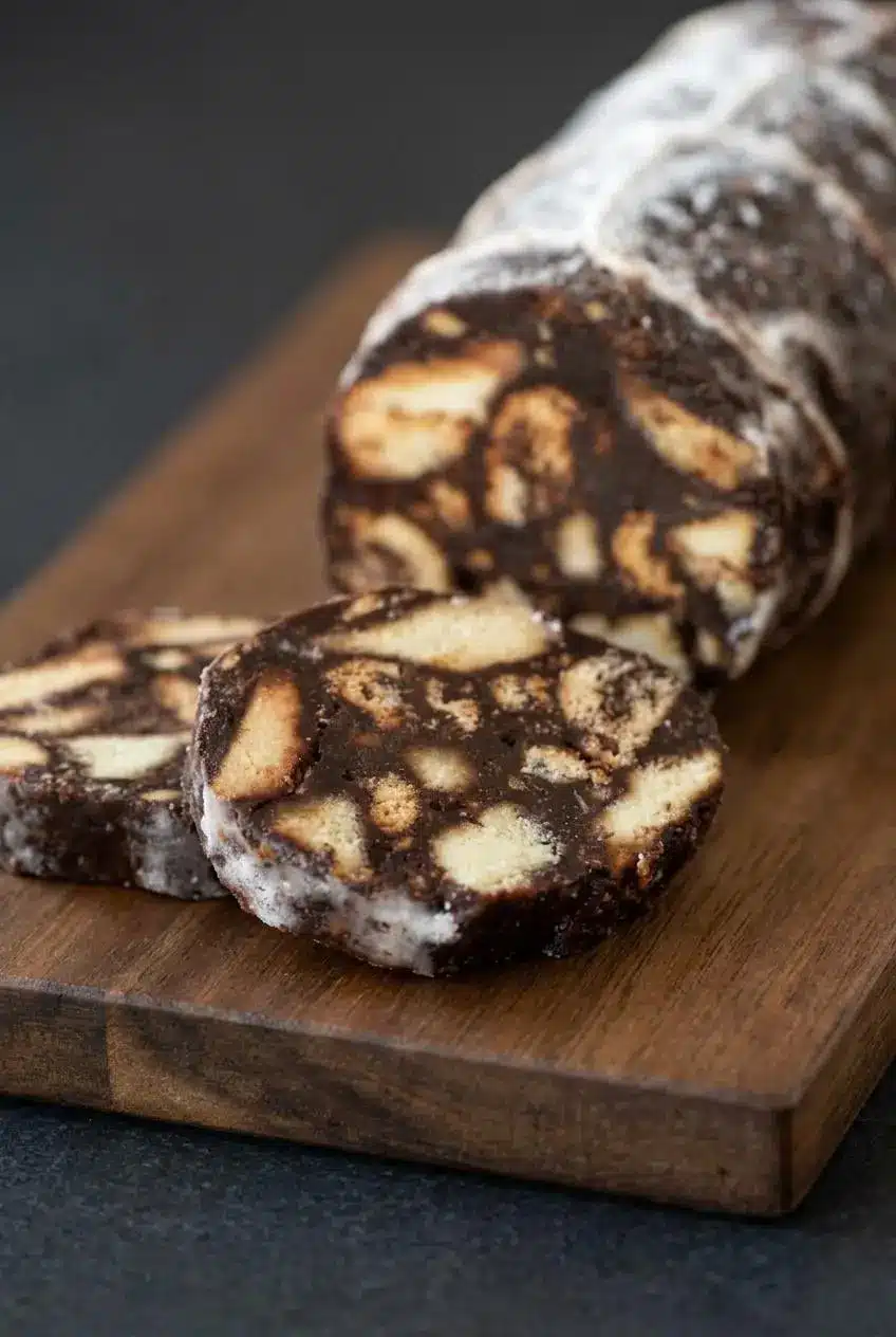 Close-up cross section of chocolate salami rounds showing crunchy crushed tea biscuits and toasted almonds.