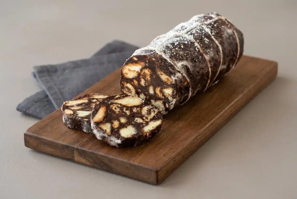 Chocolate salami dusted with powdered sugar and sliced into marbled rounds showing biscuit pieces.