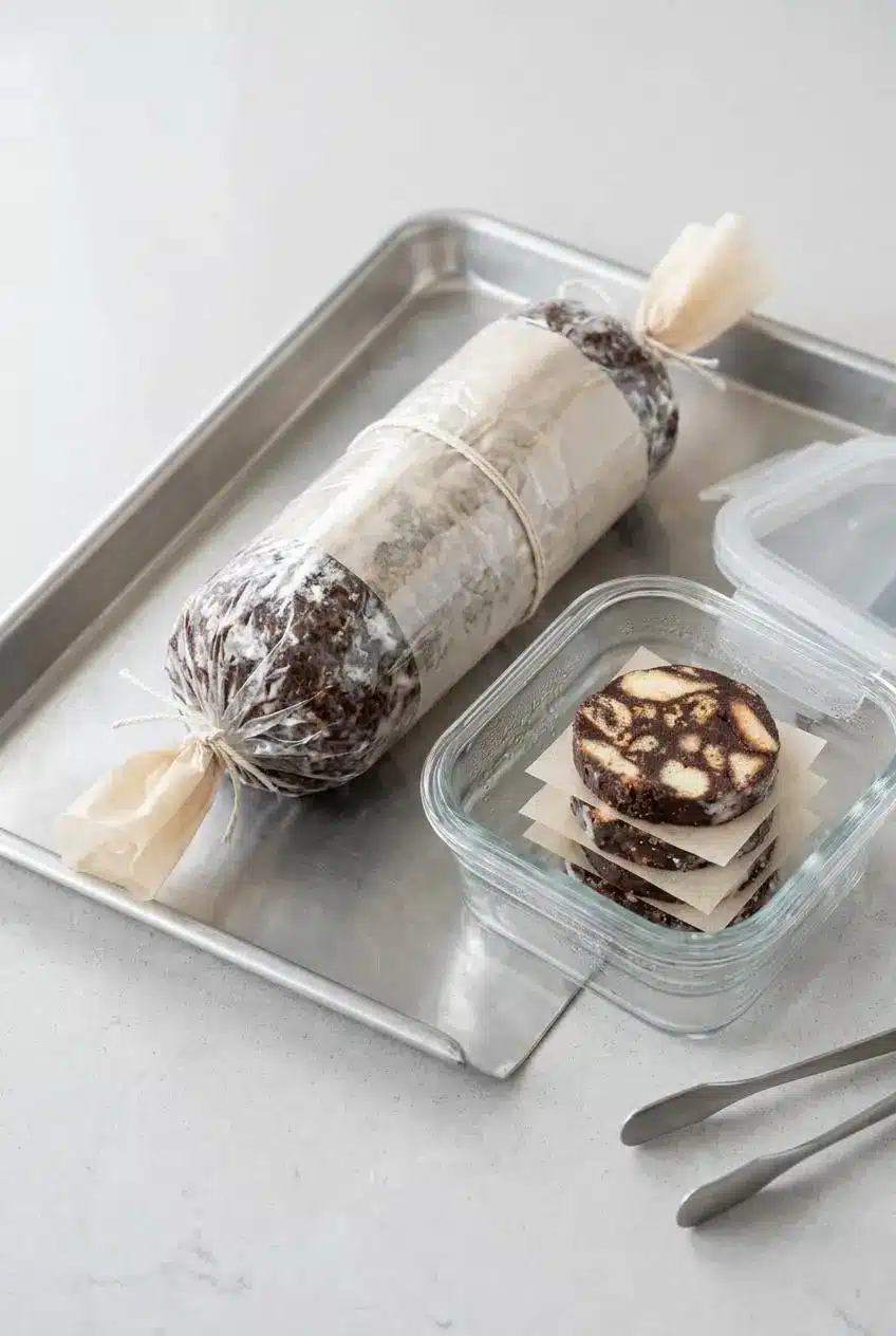 Wrapped chocolate salami log on a baking sheet next to a glass container of parchment-layered slices.