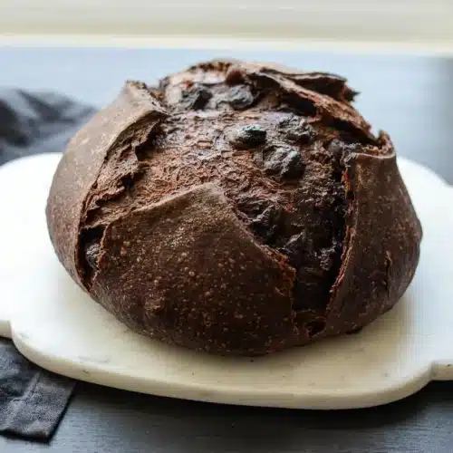 Round loaf of chocolate sourdough bread with a flour-dusted scored crust and chewy dark crumb.