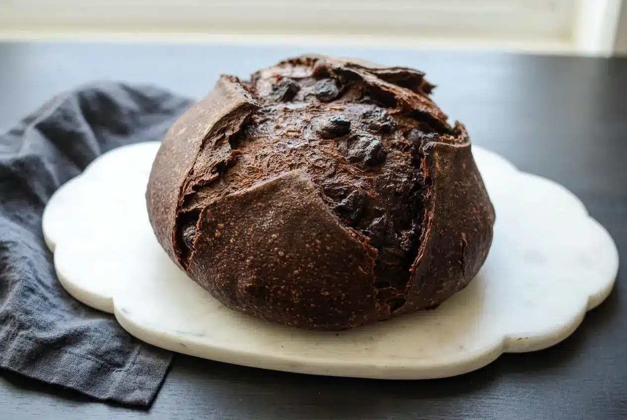 Round loaf of chocolate sourdough bread with a flour-dusted scored crust and chewy dark crumb.