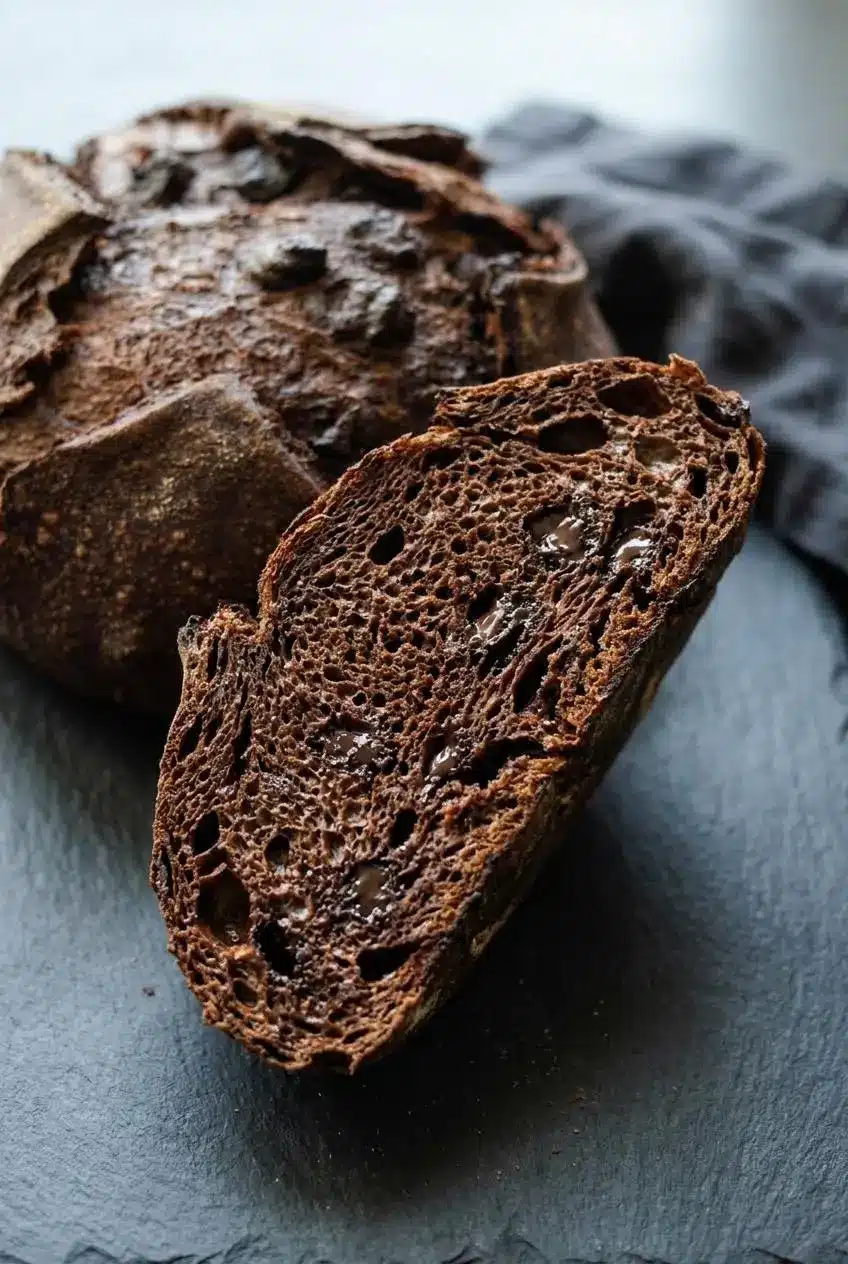 Close-up of a chocolate sourdough bread slice showing an open dark cocoa crumb and glossy chocolate pockets.