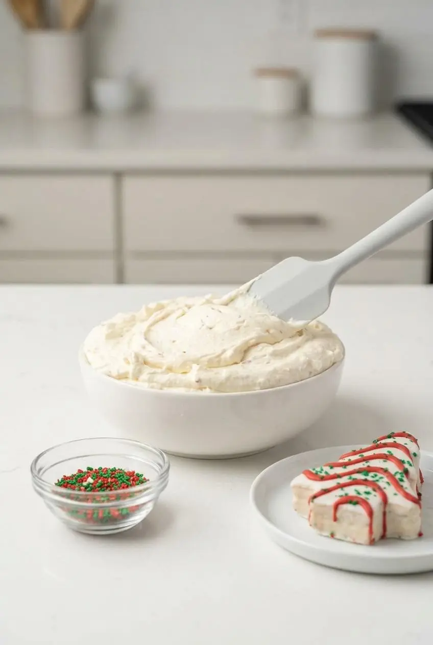Spatula smoothing ungarnished white cake dip in a bowl with red and green sprinkles and a tree cake kept separate.