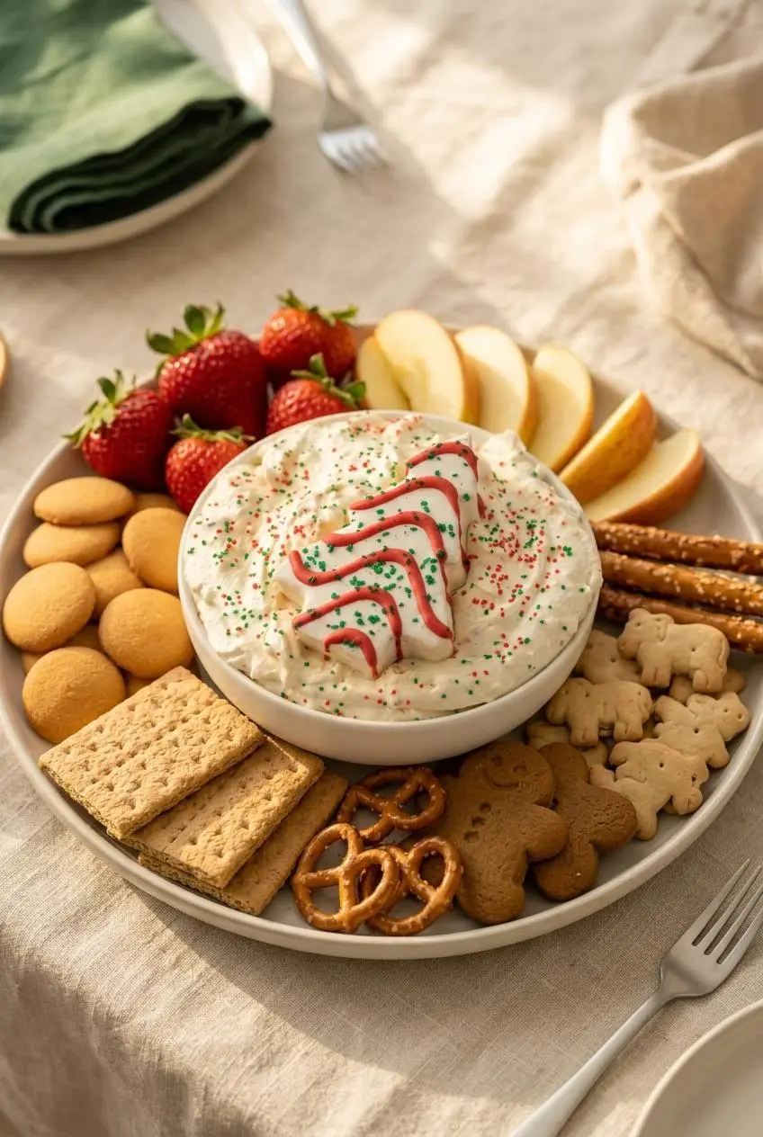 Holiday platter with christmas tree cake dip surrounded by pretzels, graham crackers, vanilla wafers, and fruit.