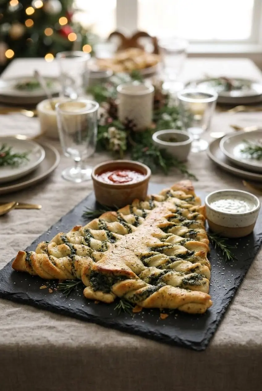 Baked spinach dip breadstick tree on a dark slate platter with grated Pecorino, rosemary sprigs, marinara, and ranch.