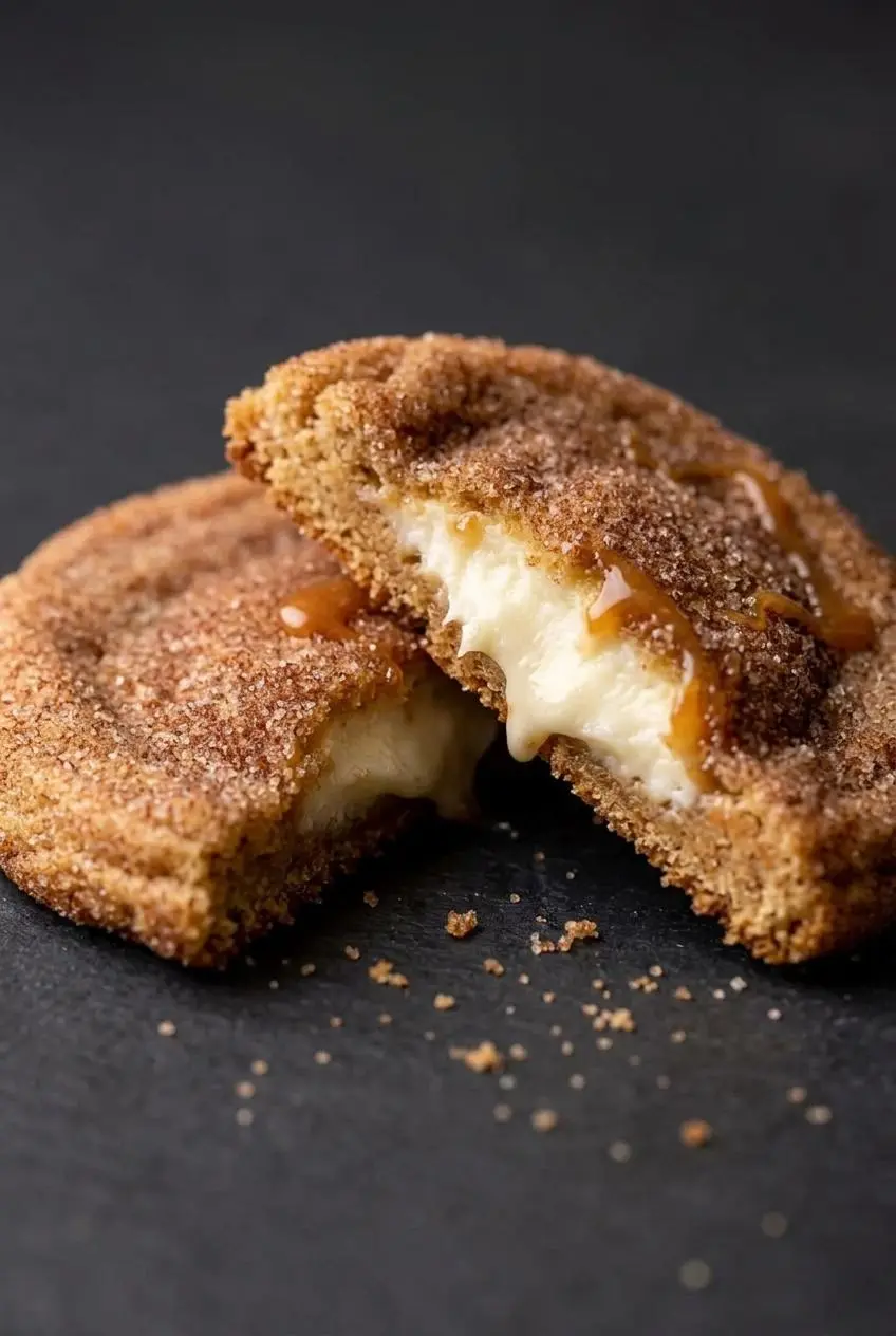 Broken churro cheesecake cookie showing a creamy cheesecake center inside a golden spiced crust.
