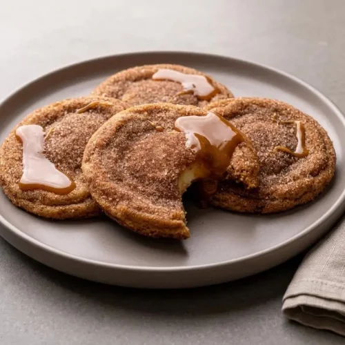Churro cheesecake cookies with a crisp cinnamon sugar crust and soft, rich cream cheese center.