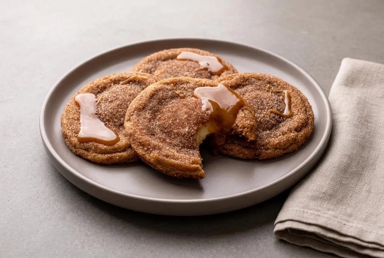 Churro cheesecake cookies with a crisp cinnamon sugar crust and soft, rich cream cheese center.