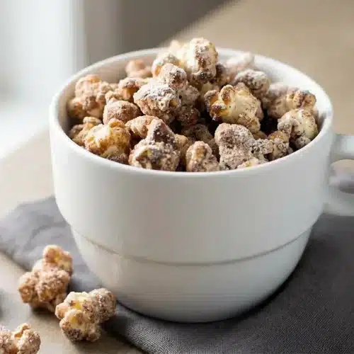 Bowl of churro popcorn coated in a golden butter-cinnamon glaze and dusty sugar crystals.