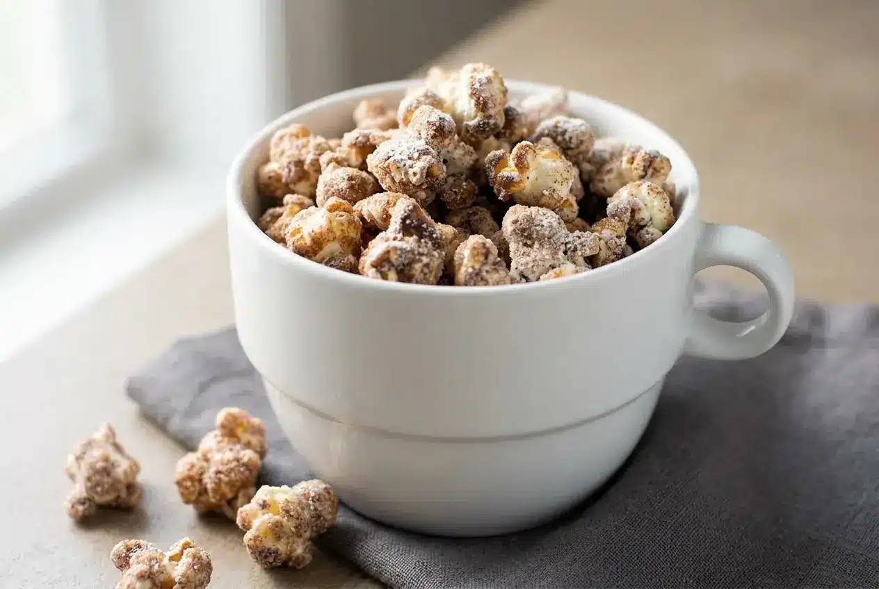 Bowl of churro popcorn coated in a golden butter-cinnamon glaze and dusty sugar crystals.