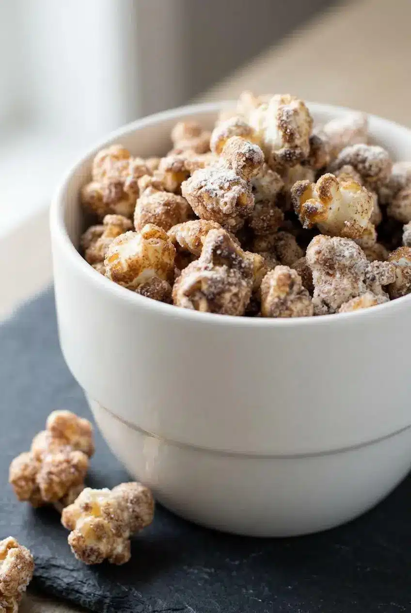 Close-up of churro popcorn showing crisp golden cinnamon glaze and fine sugar crystals clinging to the kernels.